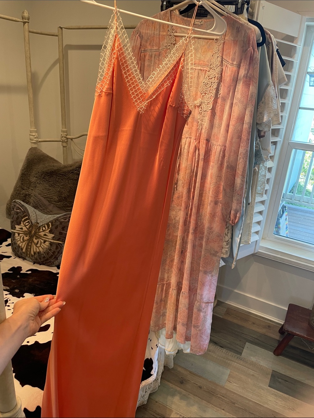 Vintage Orange Maxi Slip Dress with Lace Trim